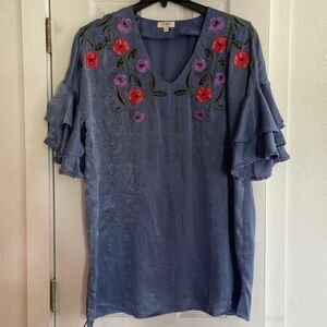 Umgee shiny boho ruffle sleeve dress embroidered size small